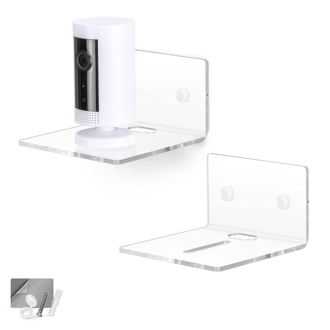 BRAINWAVZ 2Pack Adhesive 4" Small Baby Monitor Wall Mount Shelf, Also for Speaker, Security Camera, Decor, Universal Holder Shelves, Adhesive & Screw-in (Clear)