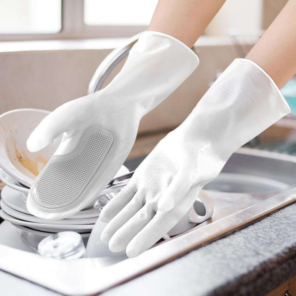 All Purpose Waterproof Silicone Gloves Featuring Magic Cleaning Brush for Dishwashing, Durable Rubber Gloves for Kitchen Maintenance and Homework, Now in Al-Israa