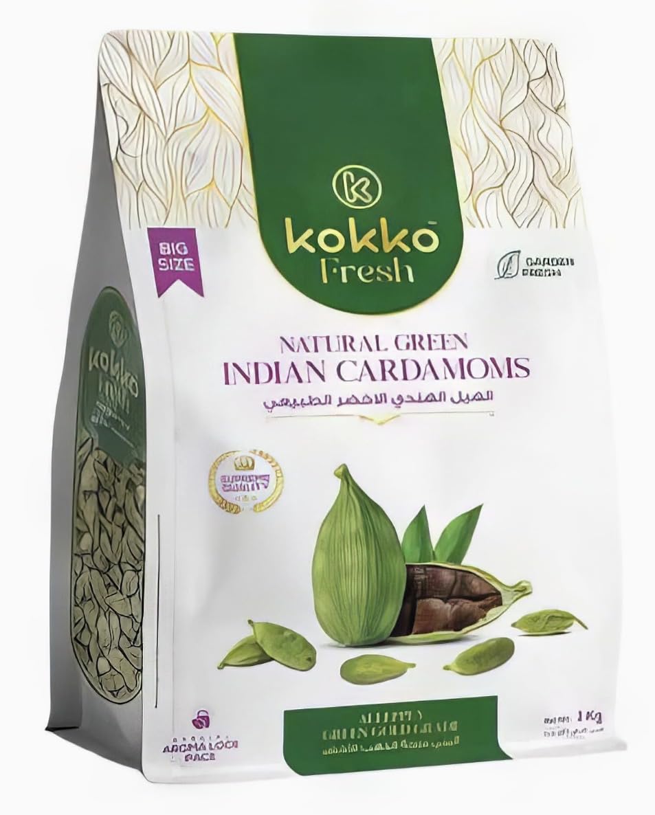 Kokko Fresh Natural Green Indian Cardamom, Alleppey Green Gold Grade, Big Size 8MM, 1 Kg