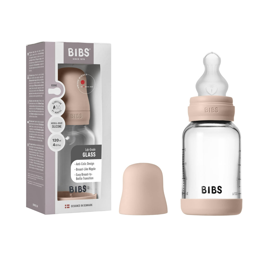 Bibs Glass Baby Bottle Round Silicone 1 Pack 120 Ml Slow Flow Blush