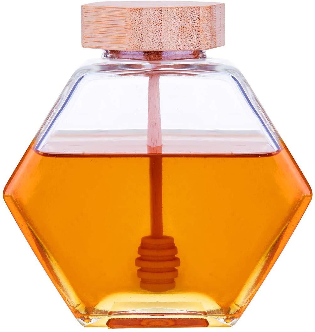 Honey Pot Glass Honey Jar with Wooden Dipper and Cork Lid Cover for Home Kitchen, Clear 380ML Beehive Crystal Honey Jar Syrup Dispenser Honey Pot Glass Jar Commercial