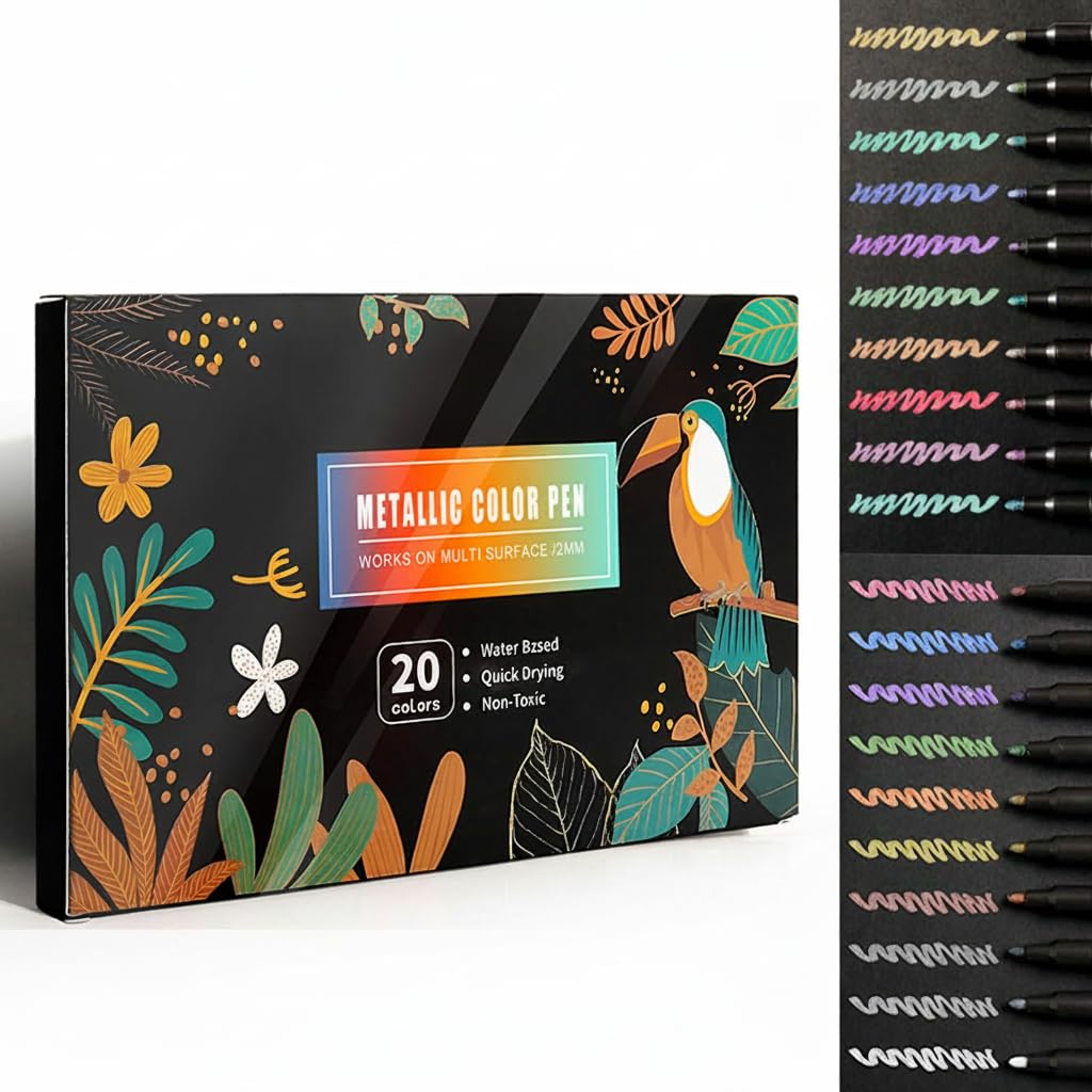 Metallic Marker Pens Set, 20 Metallic Art Pens, Silver Scrapbook Markers for Black Paper, Gift Card Making, Photo Albums & Wedding Cards