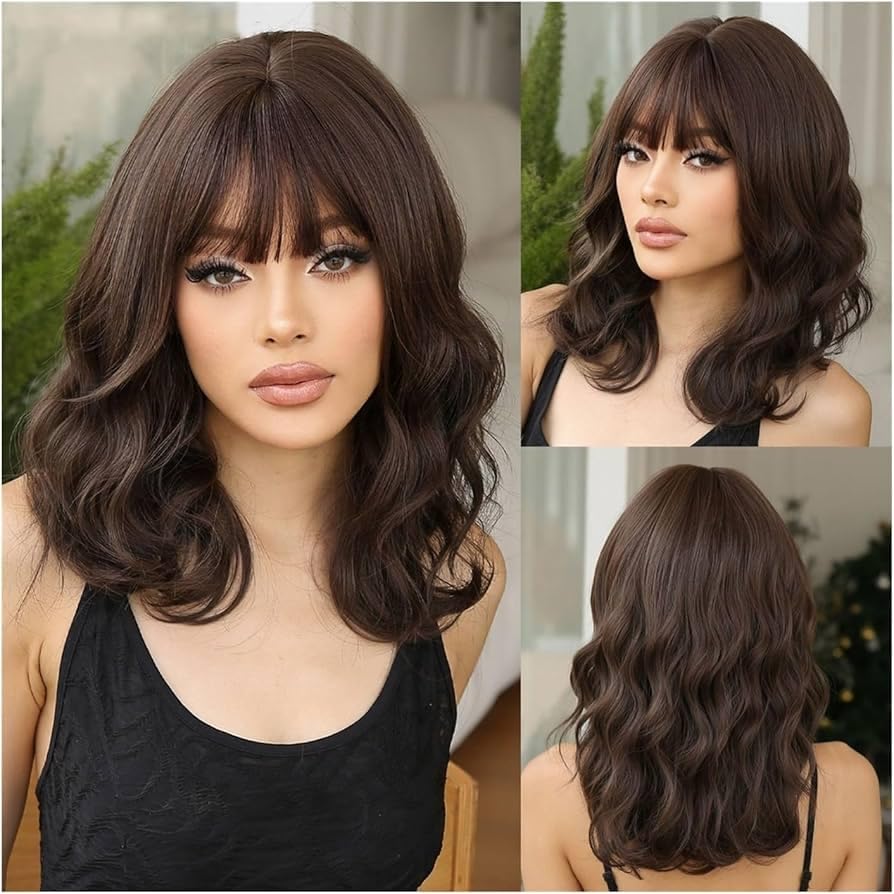 ECIF Dark Brown Wig With Bangs Shoulder-Length Wig For Women Halloween Costume Praty Cosplay Wig (Color-2)