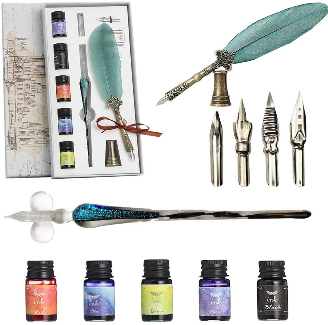 Feather Pen Caligraphy Pen, Vintage Calligraphy Glass Dip Pen, Quill Pen and Ink Set, Calligraphy Pen Kits, Glass Dip Pen Set with Ink, Calligraphy Pen Kits for Beginners