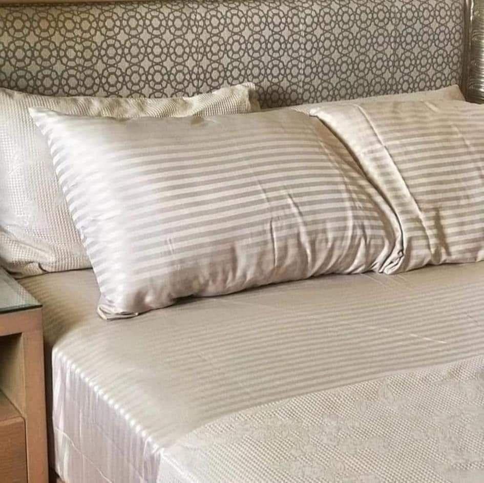 Elastic Stripe Cotton Sateen Bed Linen Set (800 Thread Count, 120*200*30cm, Beige) , Extra Soft, Deep Pocket, 3 Pieces
