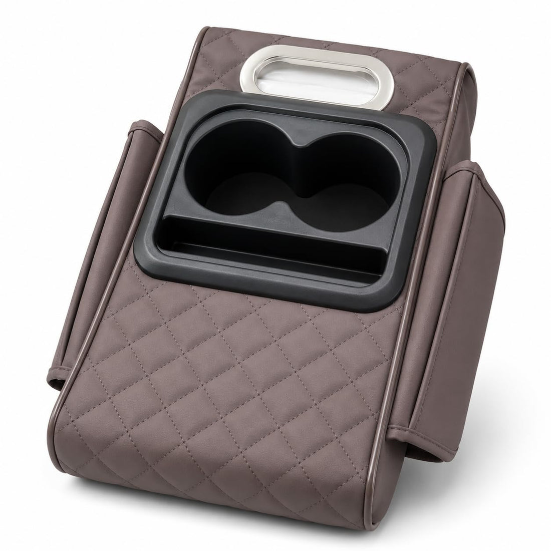 Car Armrest Cushion Organizer with Dual Cup Holders, Tissue Box Slot and Phone Storage, Quilted Center Console Pad for Car Interior, T-1059