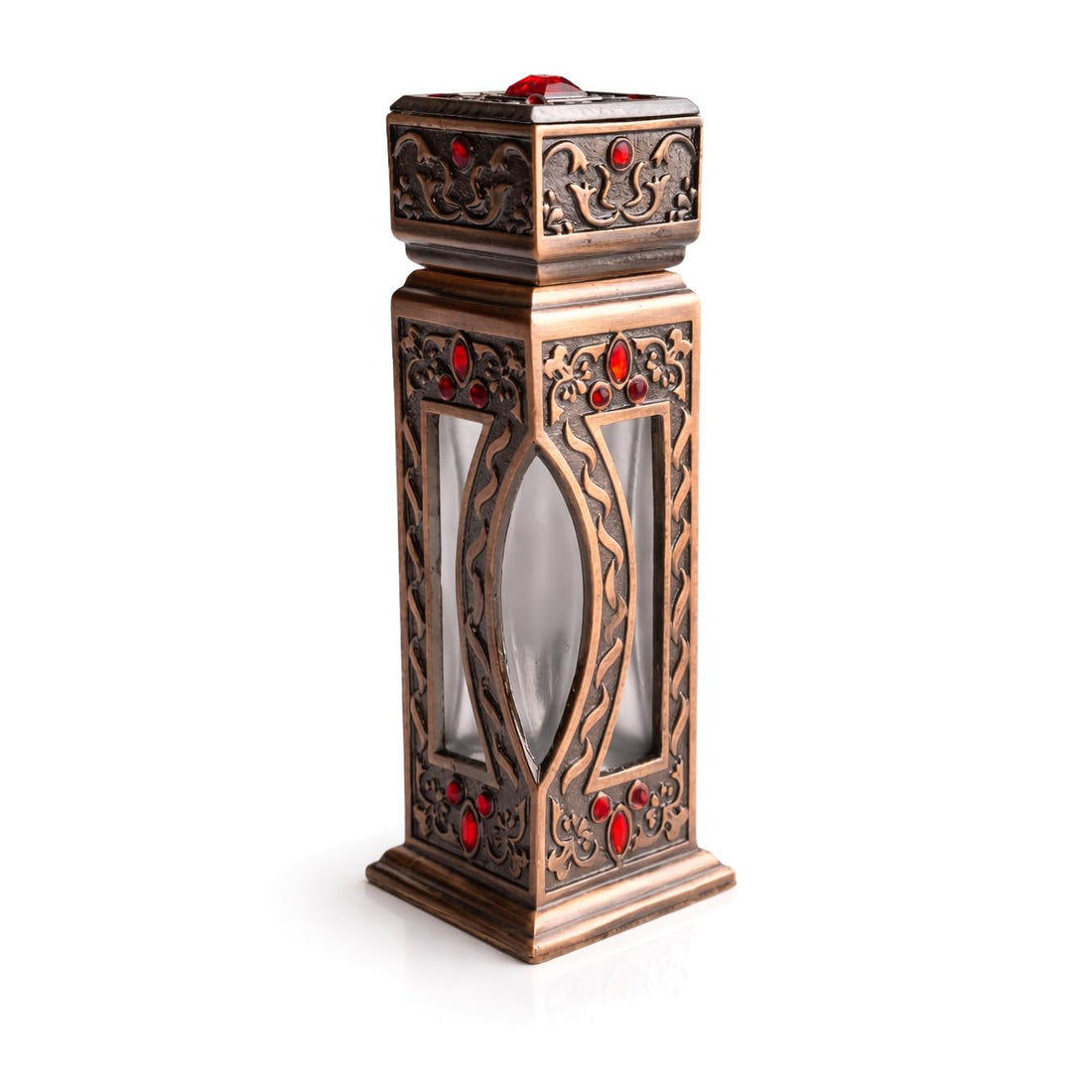 Decorative Metal Body & Glass Heart Reusable Empty Perfume Bottles - Antique Finish Embossing & Studded - Smooth Silk Inner Rod - for Essential Oils, Perfect for Travel, Gifts, Decoration (S-01)