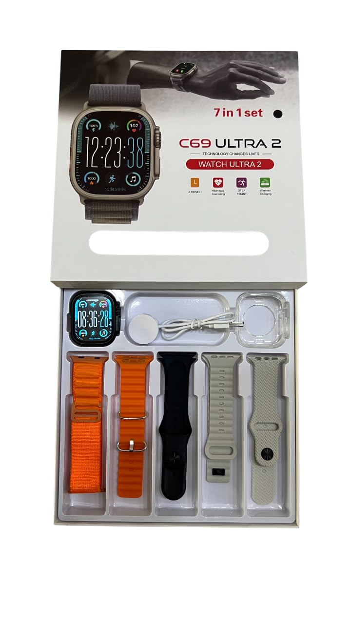 Smart Watch C69 Ultra 2, 5 Straps and free watch cover, 2.19" HD Display, 7 in 1, Fitness Tracker, Calls, spo2, Sports, Wireless Charging, Music, works IOS, android, for men, women (Black)