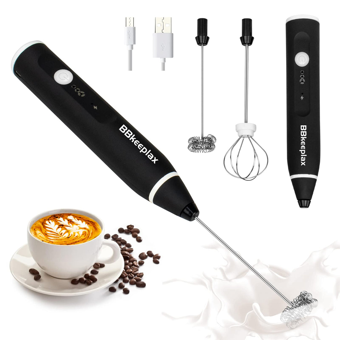 BBkeeplax Milk Frother Handheld Foam Maker USB-Rechargeable Drink-Mixer with 2 Stainless Whisks 3-Speed Adjustable Coffee Frother for Cappuccinos, Hot Chocolate, Milkshakes, Egg Mix (Black)