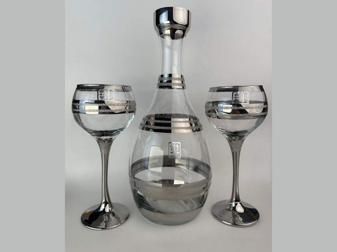 Turkish Nish Boom Cup Set of 6 with Flask, Silver Trim