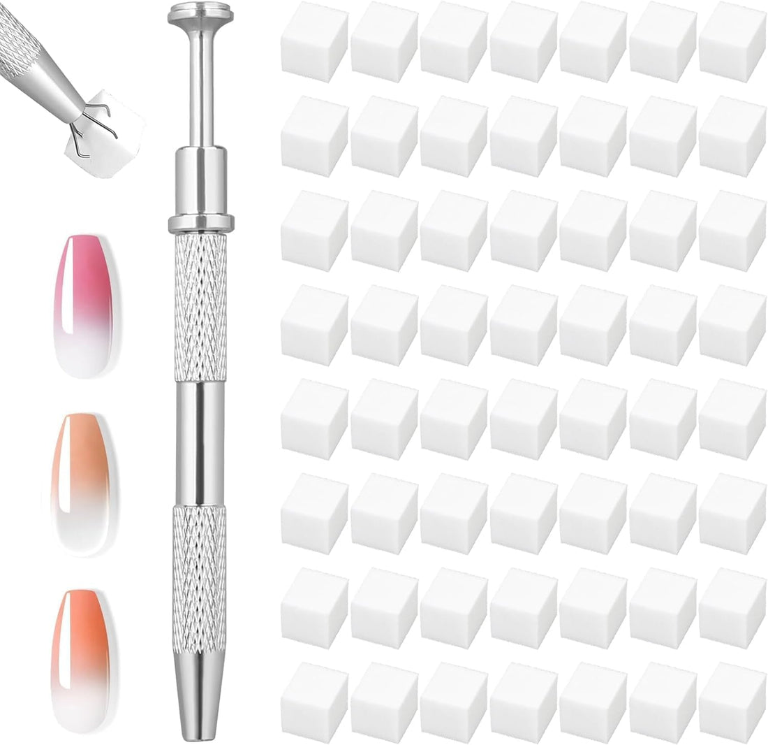 Nail Art Gradient Sponge Set with Grabbing Pen, 50 Pcs High-Density Mini Square Patting Sponges for Ombre Blending, Blush Effect, Gel Polish Design, Manicure Nail Art Accessories Tools