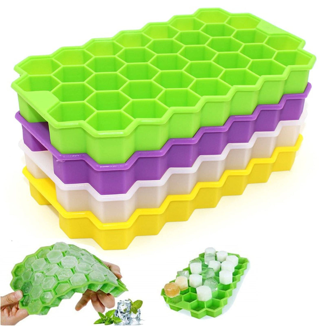 ABTRIX with AB (Set of 4) Ice Cube Trays -Flexible Silicone 37 Creative Ice Cubes Maker Mold for Kids with Pudding Jelly Juice Chocolate Ice - Stackable Storage Containers