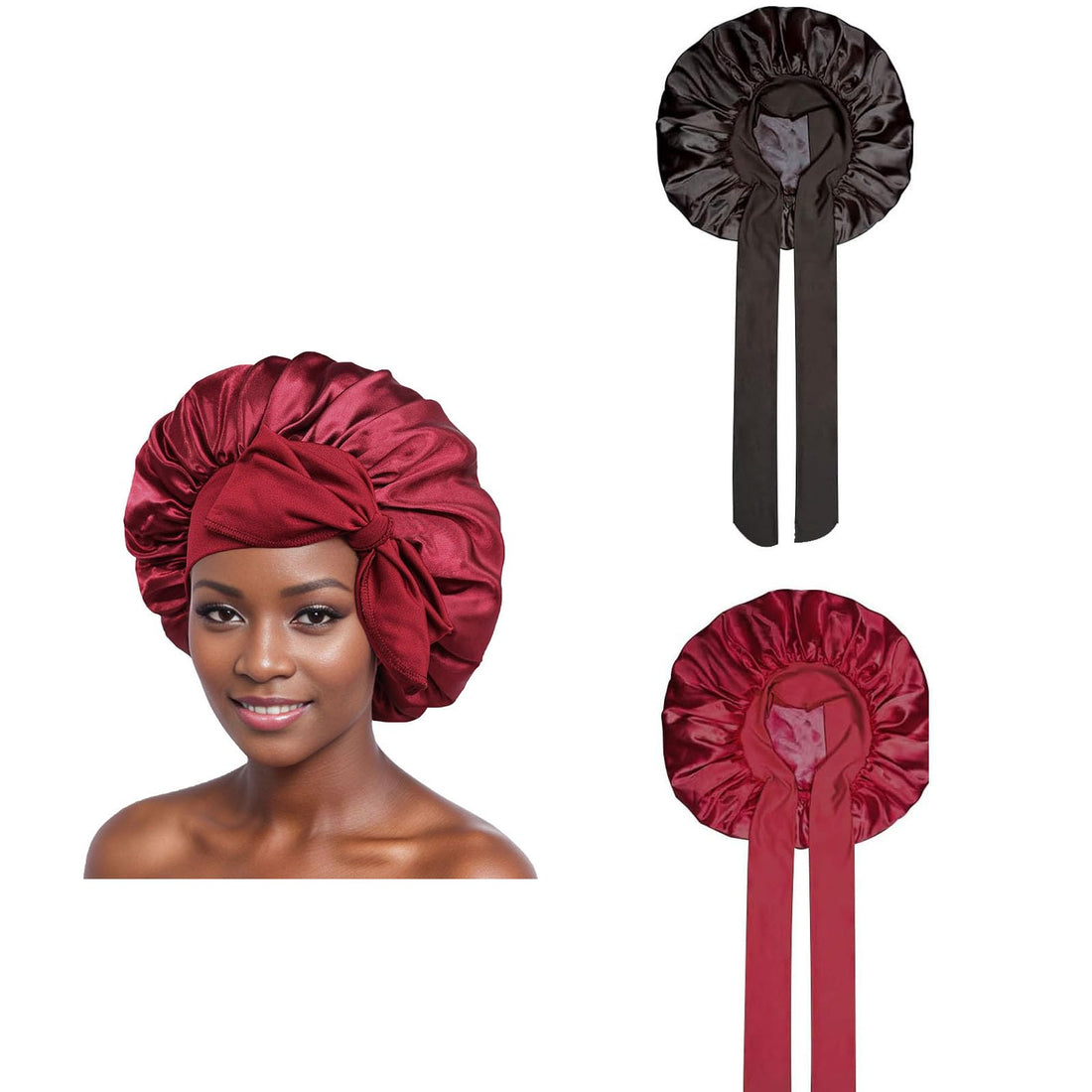 Dinghaole 2 Pcs Satin Bonnet, Hair Bonnet Silk Hair Wrap for Sleeping, Silk Sleep Bonnets for Women, Tie Band for Women Long Curly Braid Hair, Sleeping Hat for Women and Girls Curly Hair