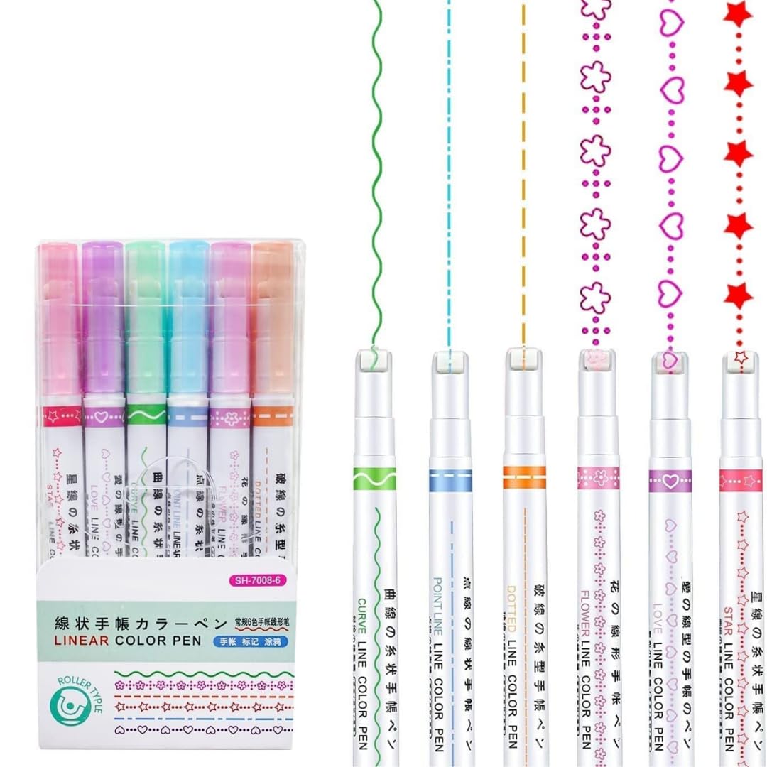 R H LIFESTYLE Linear Roller Colour Pens Highlighter Outline Magic Border Pen Marker Set for School Office Cute Aesthetic Stationery Art and Craft Supplies Pack of 6(DOT LINEAR HIGHLIGHTER)