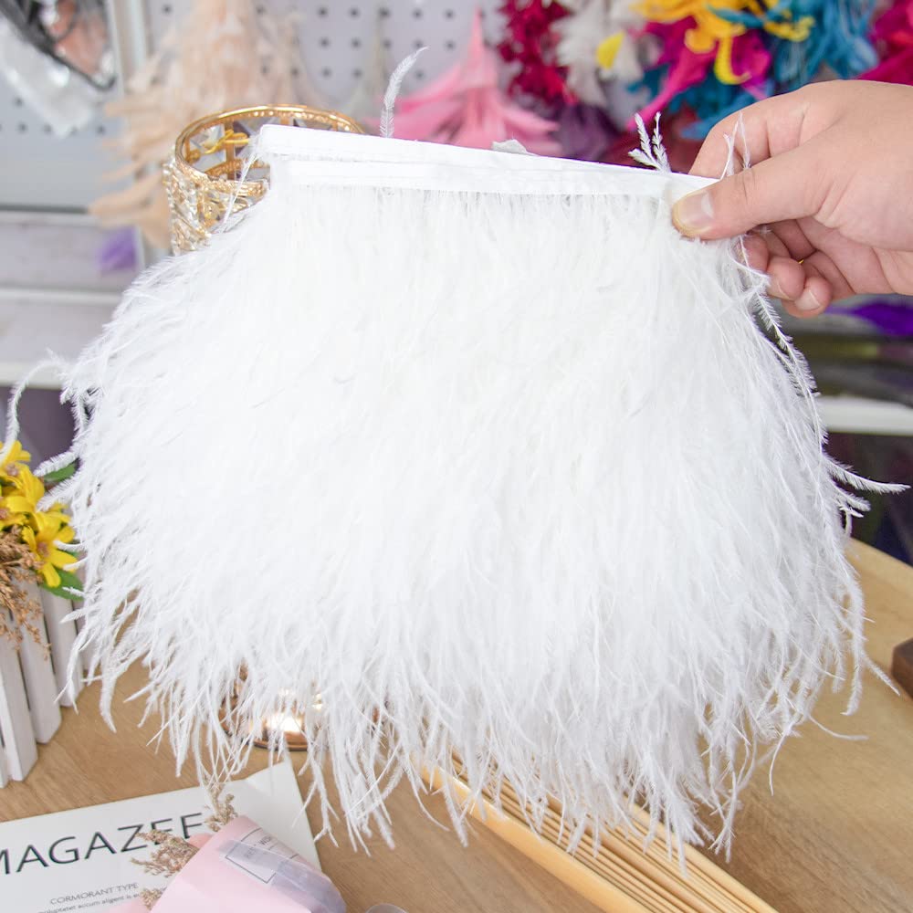 2 Yards White Ostrich Feathers Trim for Crafts Decoration Party Wedding Dress Clothing Sewing Costumes (10-15cm, White)