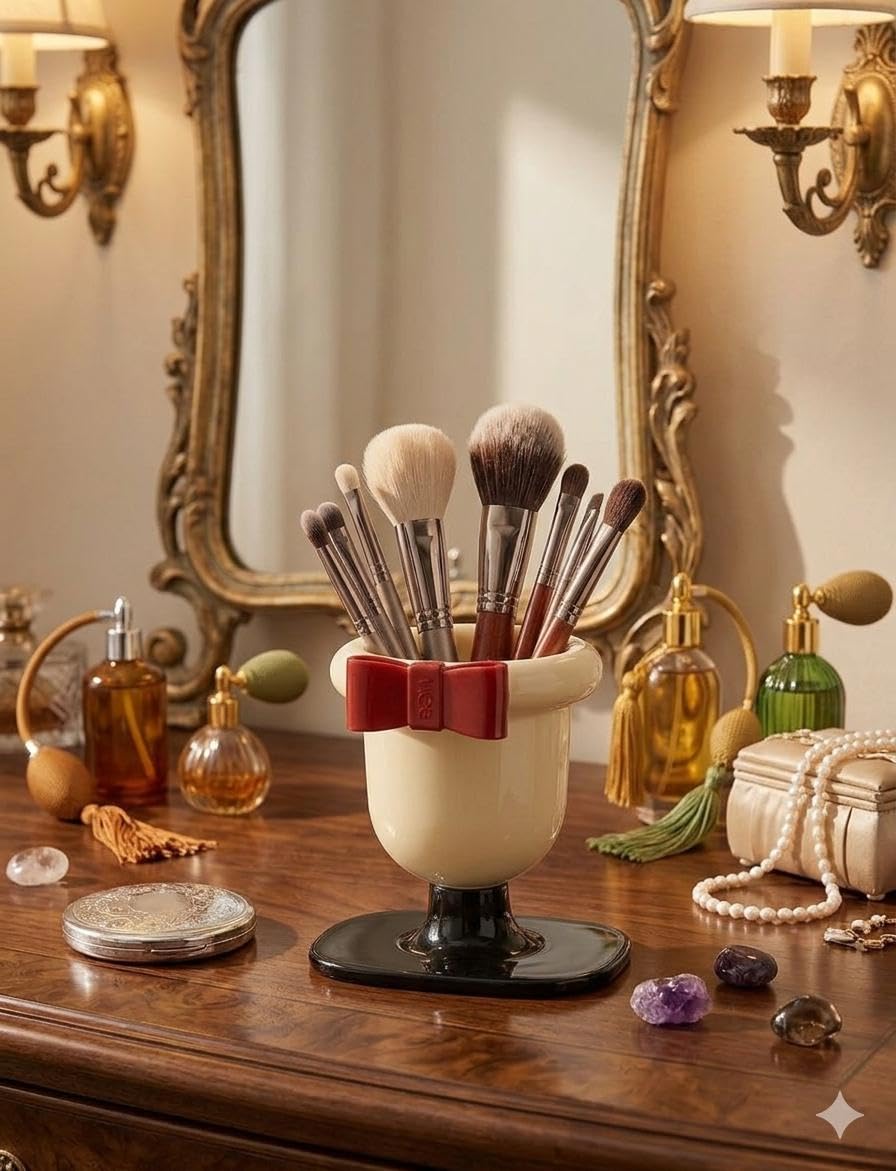 BRUSH ORGANIZER -Durable corner holder with elegant bow design, perfect for organizing makeup brushes, lipstick and eyeliner pens, brings a tidy and elegant look to your dressing table, ensuring all y