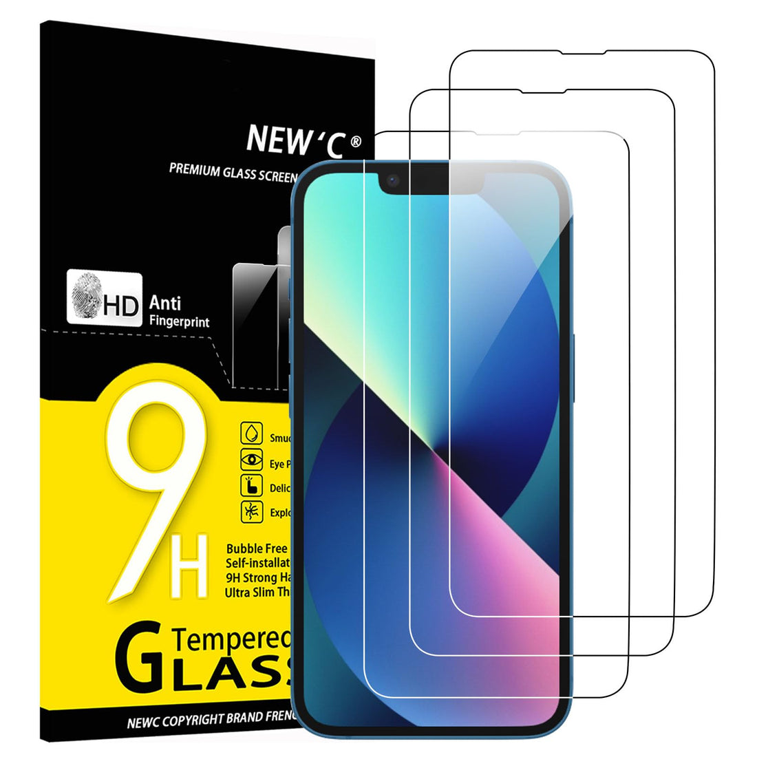 NEW'C Pack of 3 Tempered Glass Screen Protector Film for iPhone 14, 13, 13 Pro (6.1 Inch), Bubble-Free – Ultra Resistant (0.33 mm HD Ultra Transparent) 9H Hardness Glass
