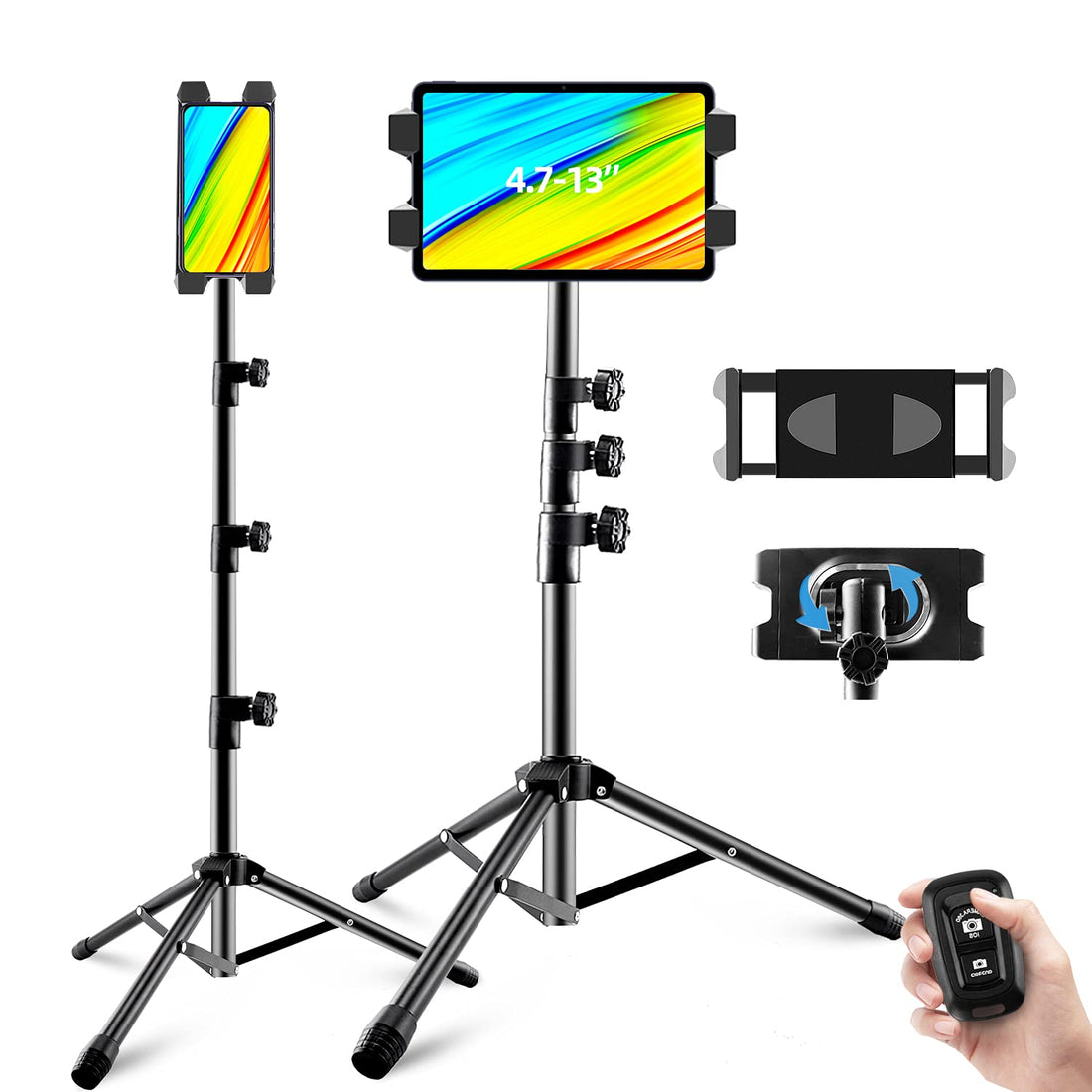 Universal Tablet Stand, 360° Rotatable & Height Adjustable (22-62 inches), Compatible with iPad, iPhone, Kindle & More, Bluetooth Remote Control, Portable Tripod Floor Stand