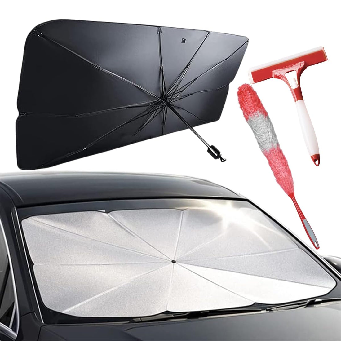 Car Windshield Sun Shade with Duster Brush & Silicone Wiper with Water Spray - Window Cleaning Kit & Umbrella 120 x 60cm for UV Rays Protection, Car Accessories