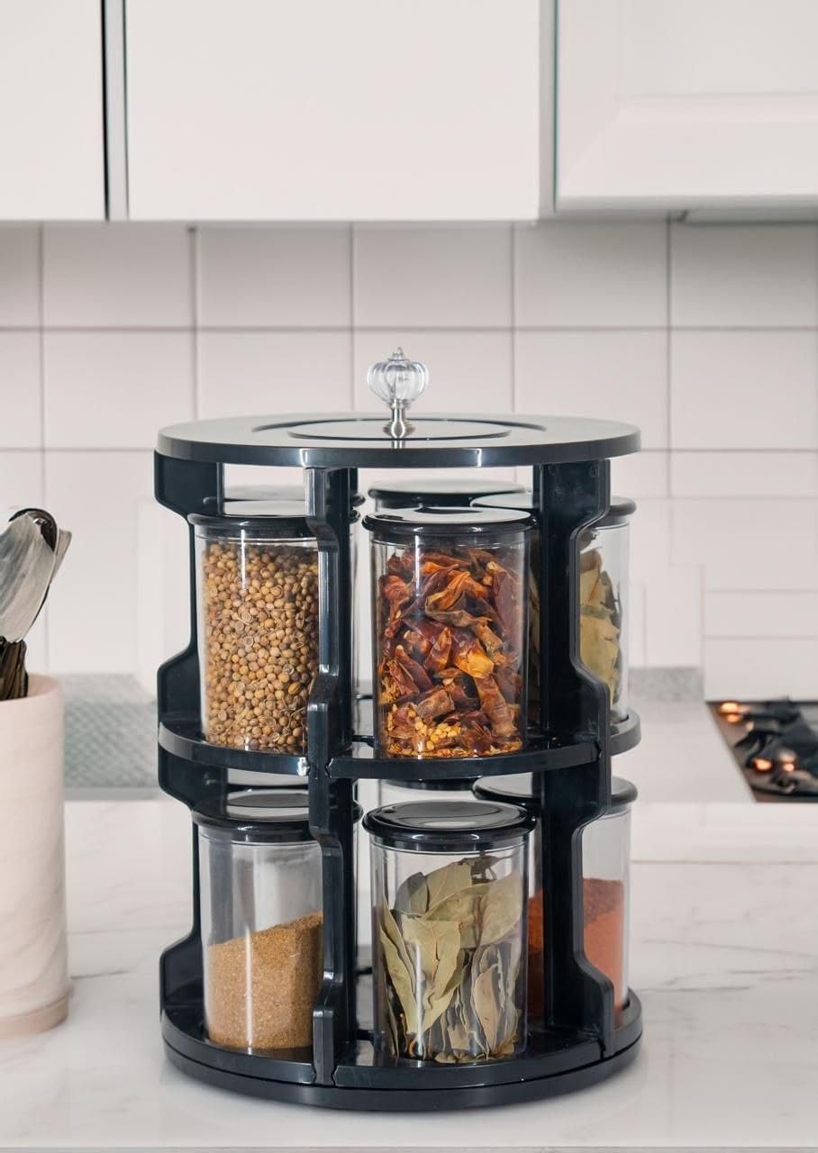 Premium Acrylic Spinning Spice Set - 10 Clear Jars with Black Spoons - Modern Space Saving Kitchen Organizer - Clear Black