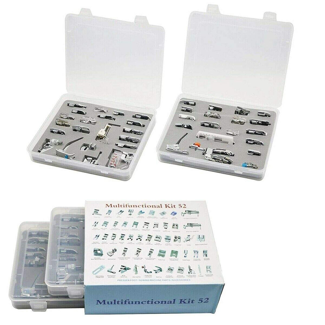 52pcs Professional Domestic Sewing Machine Presser Foot Set Tool with Manual & Plastic Storage Box for Brother Singer Janome Kenmore White Low Shank Sewing Machines (52plastic)