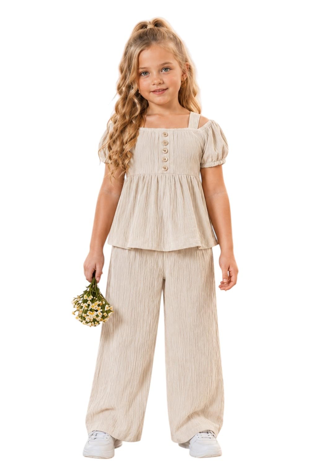 Miza Girls Chic Top and Pants Set, Elastic Bumps - Casual Suit for Girls