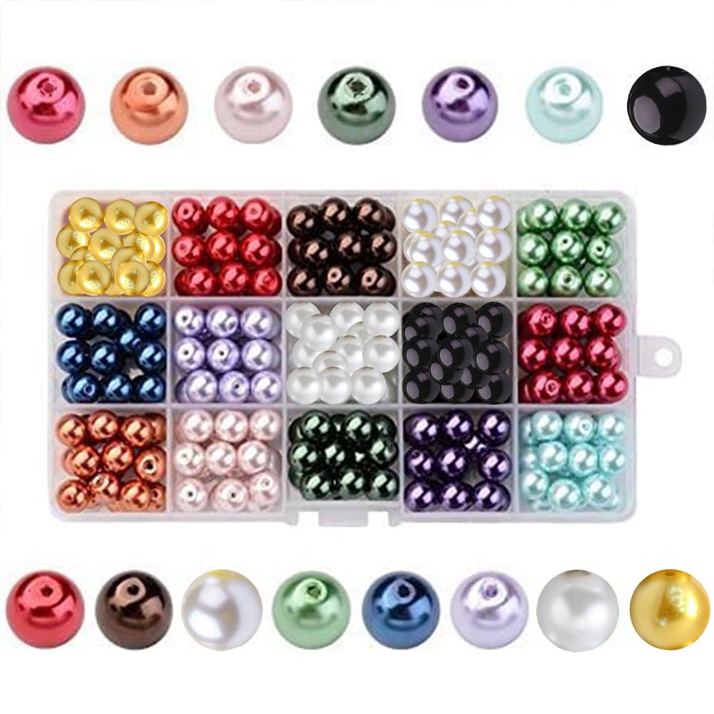 PandaHall - 270 Pieces 15 Colours Round Glass Beads Pearlescent Beads Dyed for DIY Jewellery Making Necklace Bracelet 10 mm, Hole: 1 mm