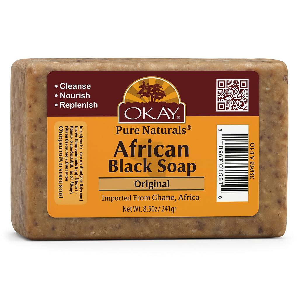 OKAY - African Black Soap - For All Skin Types - Cleanses and Rejuvenates - Nourishes and Heals - Free of Sulfate, Silicone & Paraben - 8 oz