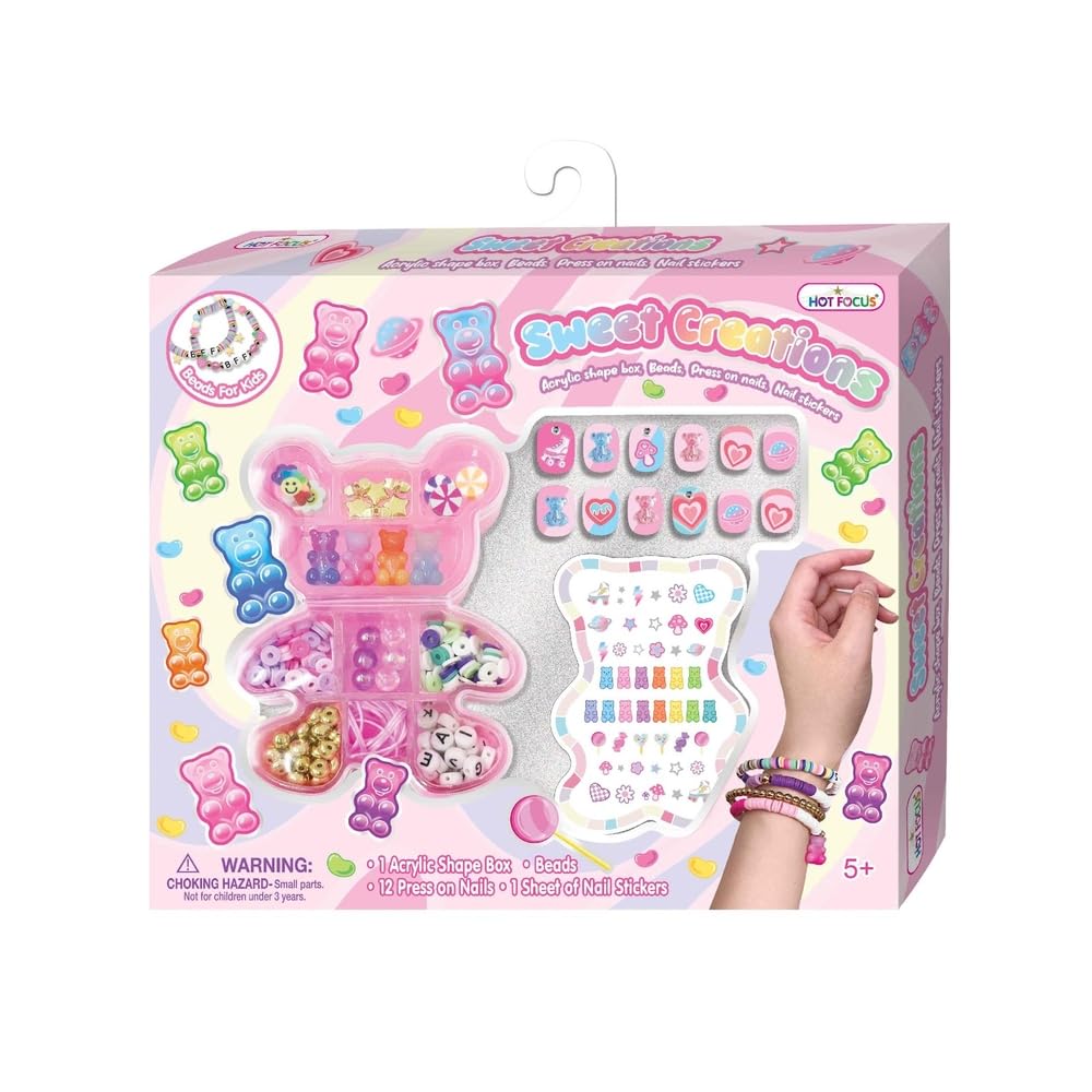 Hot Focus Sweet Creations Gummy Bear Fashion Set with Press-On Nails, Nail Stickers, Beads, Multicolor Plastic Accessory Kit, 902GB