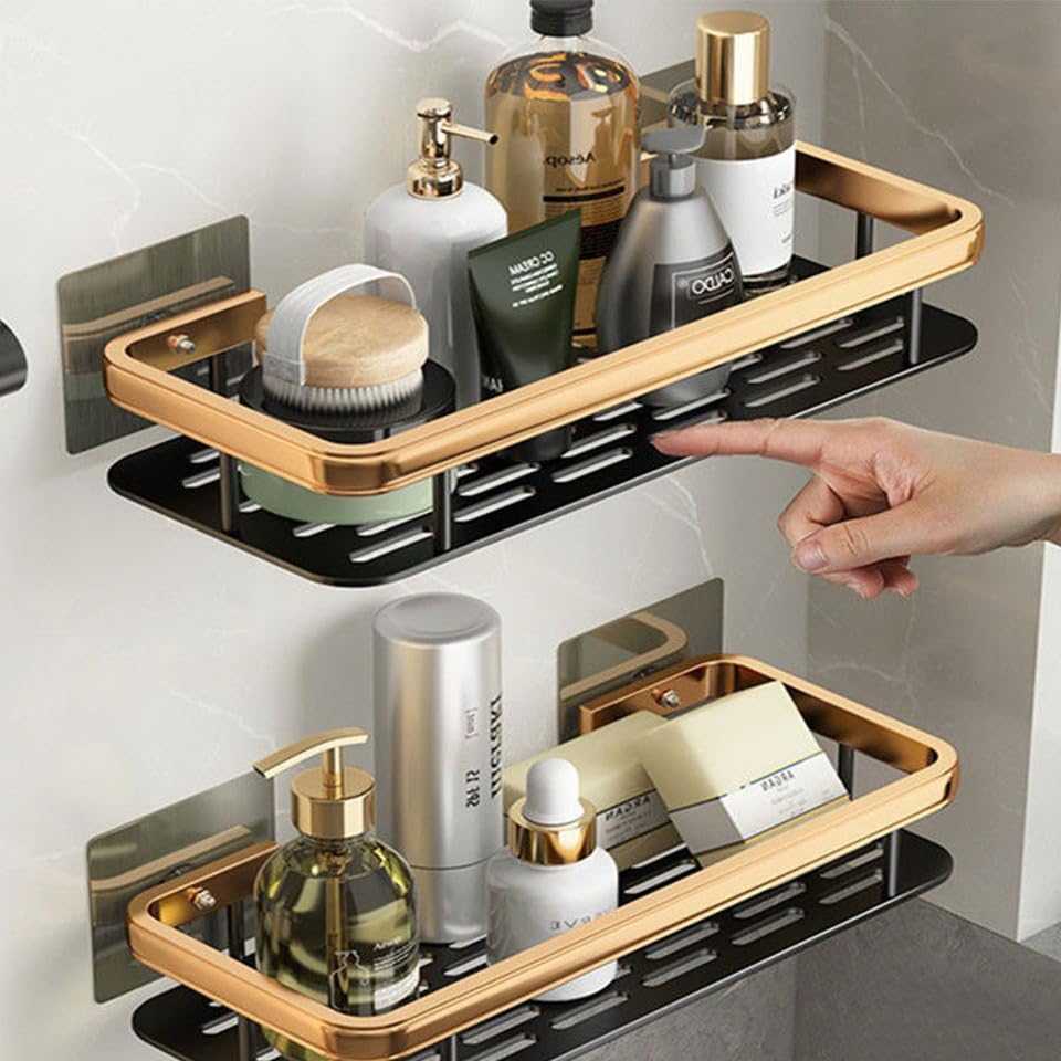 Luxury Metal Bathroom Shelf, Set of 2, Gold and Black, Wall Mounted, 30cm x 13cm, Modern Design for Bathroom and Kitchen