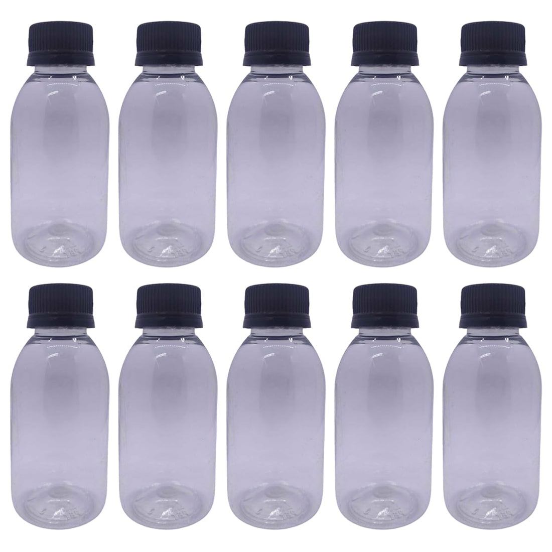 Pack of 10 Empty Plastic Bottles with Black Spiral Cap 125ml - Clear Recyclable