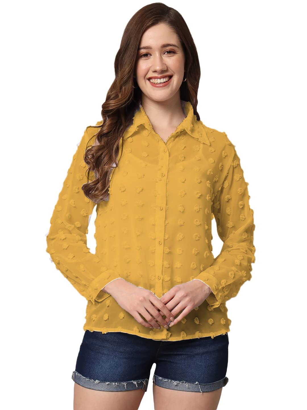 Sunset Women's Solid Sheer Big Dots Chiffon Blouse