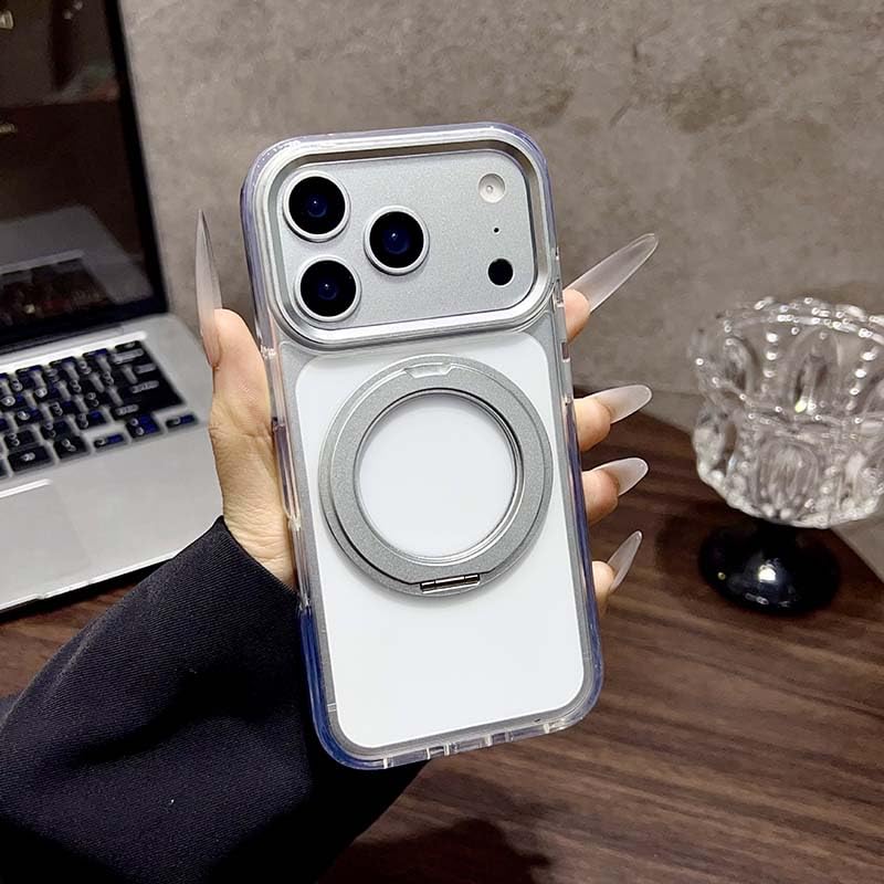 GRABIST Magnetic Clear Case for iPhone 17 Pro Max, Military Grade Drop Protection, Compatible with Wireless Charging, 360° Metal Kickstand, Slim Crystal Clear Finish, Shockproof TPU Cover (Silver)
