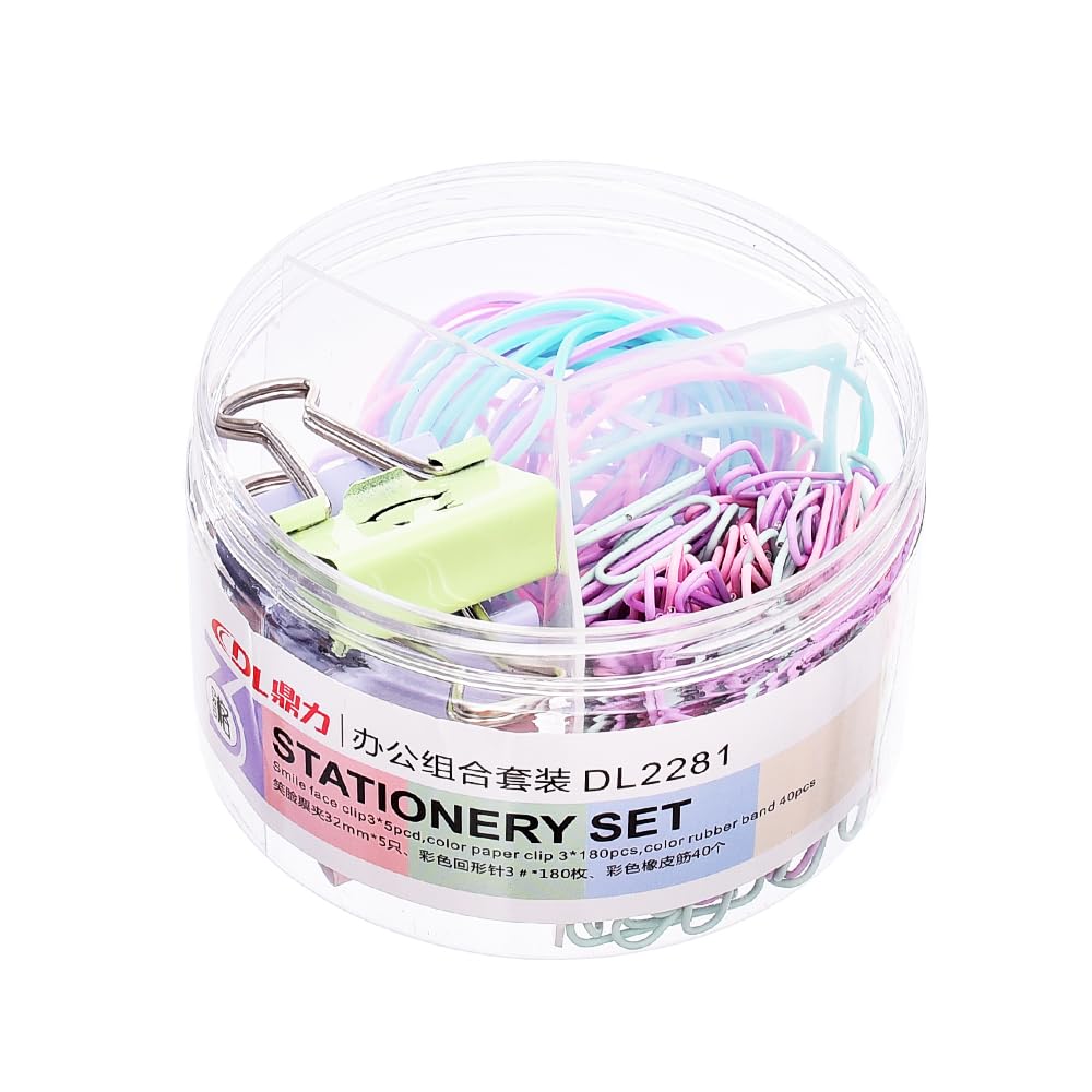Dingli DL2281 Stationery Set of 225 Pieces (5 Smile Face Clips, 40 Rubber Bands, and 180 Paper Clips 33mm) for Office - Multi Color