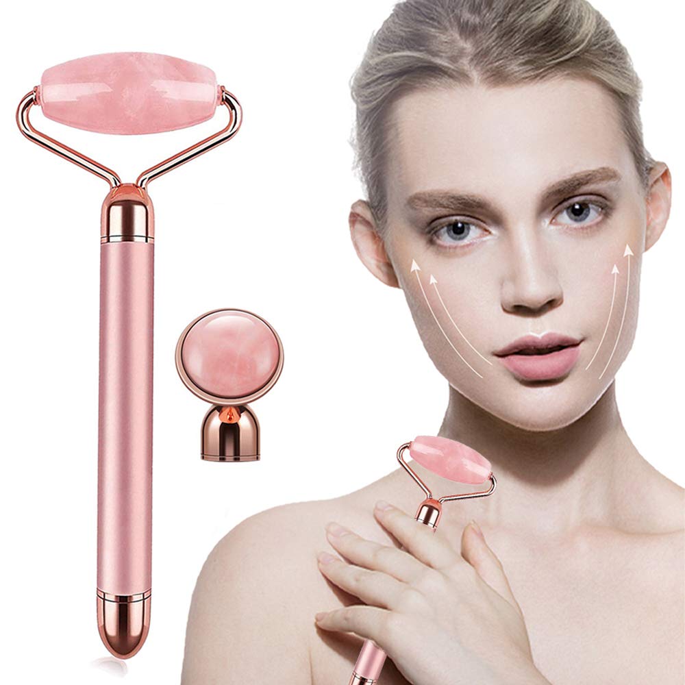 Tripsky Jade Face Roller Massage Electric 2-in-1 Jade Face Roller Massage Kits for Face Firming Tones Puffy Eyes Natural Jade Roller Use with Skin, Eyes, Neck -Rose Gold (AA Battery not Included)