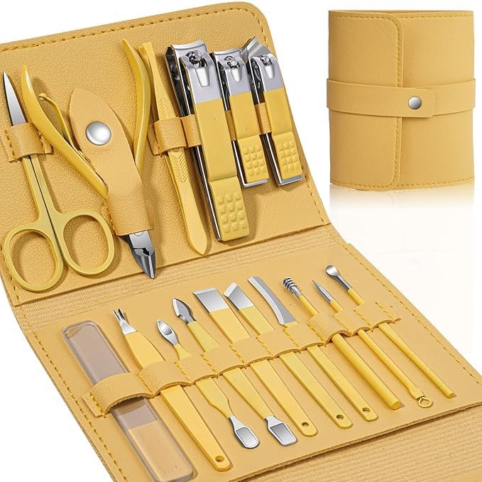 Manicure Set Professional 16 Pieces Stainless Steel Manicure Set with Luxury Leather Case Travel Thick Nails Gifts for Women (Yellow)