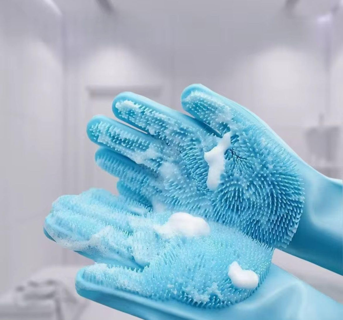 Magic Silicone Dish Washing Gloves with Built-in Cleaning Brush - Heat Resistant Gloves for Kitchen, Bathroom, Pet Cleaning, Car Wash - 1 Pair of 2 Multicolor