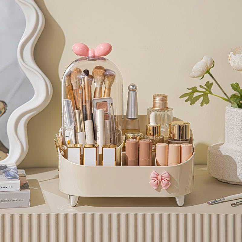 Makeup Organizer with Bow Design, Dustproof Brush Holder Case, Multi-Compartment Cosmetic Storage Box for Vanity Table, Lipstick Mascara Skincare Organizer, Stylish Desktop Beauty Organizer