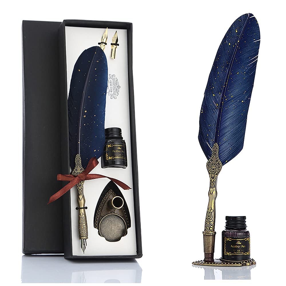 HASTHIP® Vintage Carving Feather Pen Set, Glittering Quill Pen Set Antique Calligraphy Writing Dip Pen with Black Ink, 2 Replacement Nibs, Pen Stand Base, Luxury Signature Pen (Blue)