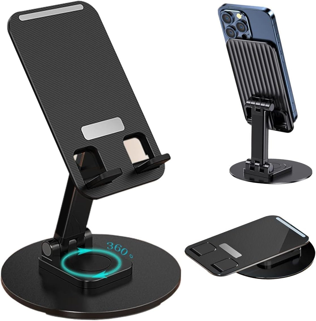 WALLVIEW TECH Mobile Phone Stand 360° Rotation Height and Angle Adjustable Cell Phone Stand for Desk Office Foldable Desktop Phone Holder for Smartphone 4-10'' Tablet Holder (Black)