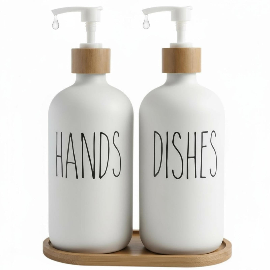 kitchen Soap Dispenser Set, washing up liquid dispenser,Glass Bottle Jar with Bamboo Tray,suitable for Bathroom, Kitchen, Laundry Room (White 2 packs)