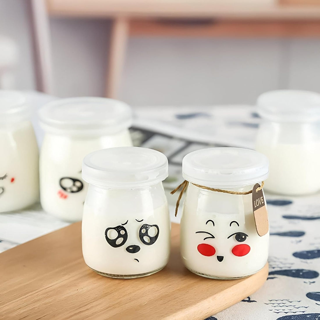 Set of 10 Glass Yogurt Jars with Airtight Lids 100ml Small Dessert Containers with Emotion Design Glass Pudding Jars for Storage Organization.