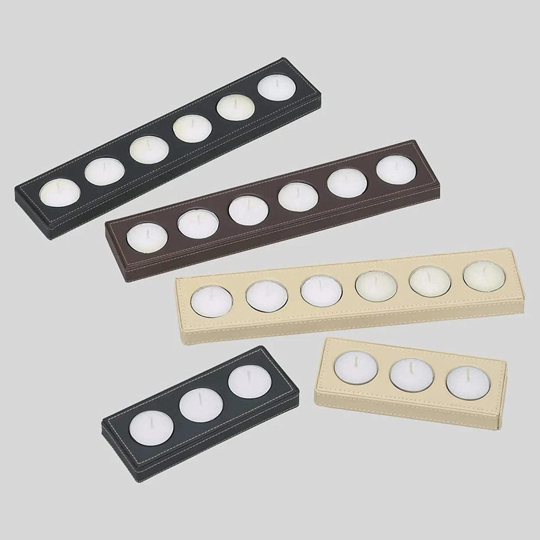 Leather candle Holders , mood light with Leather base ,candle can be changed after it ends without changing the leather base .The last picture is in nature . color (black ) (5 pieces one line)