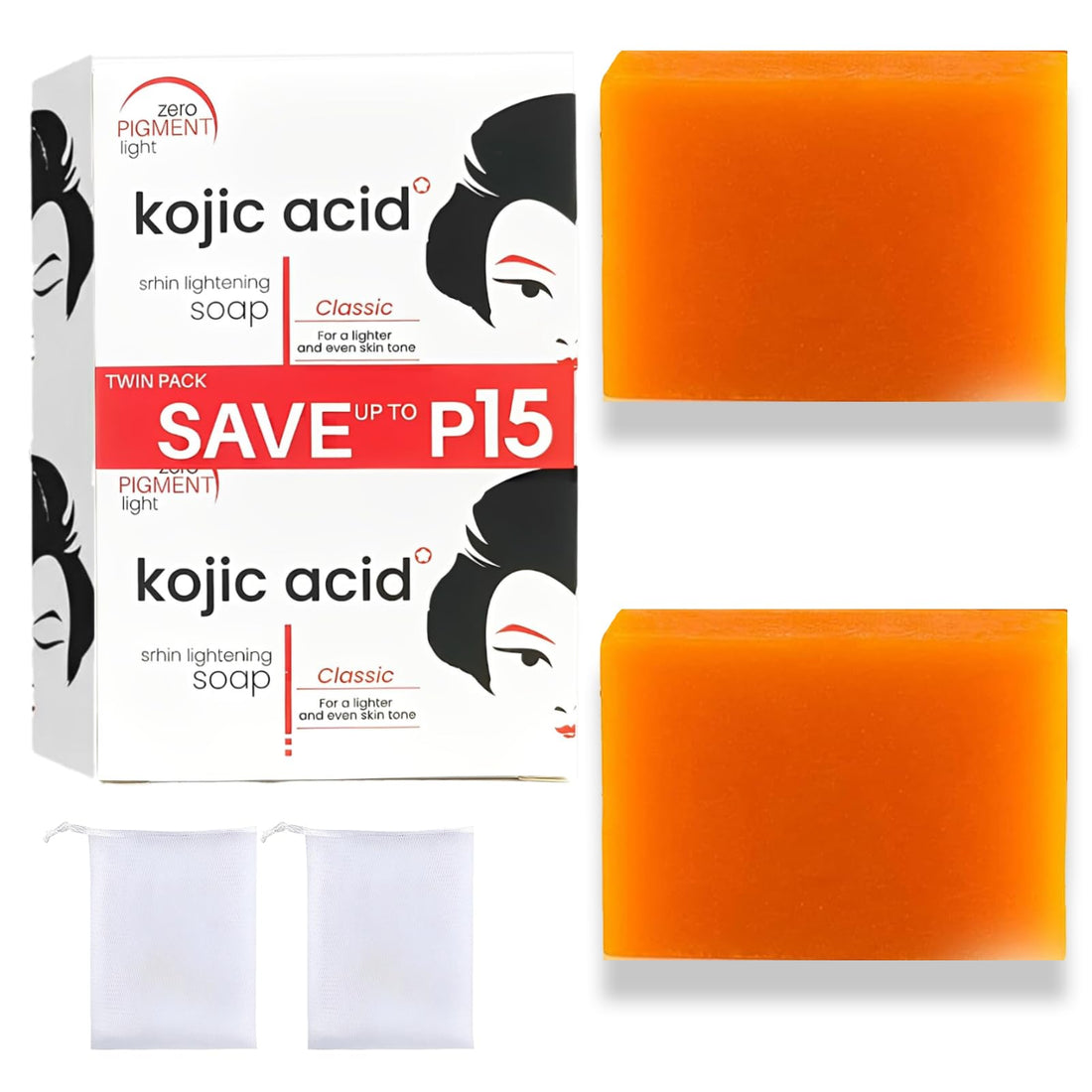 Kojic Acid Soap 2 Bars x 65 g, Skin Kojic Acid Soap, Kojic Acid Soap for Face and Body Fights, Acne and Blackheads, Suitable for All Skin Types