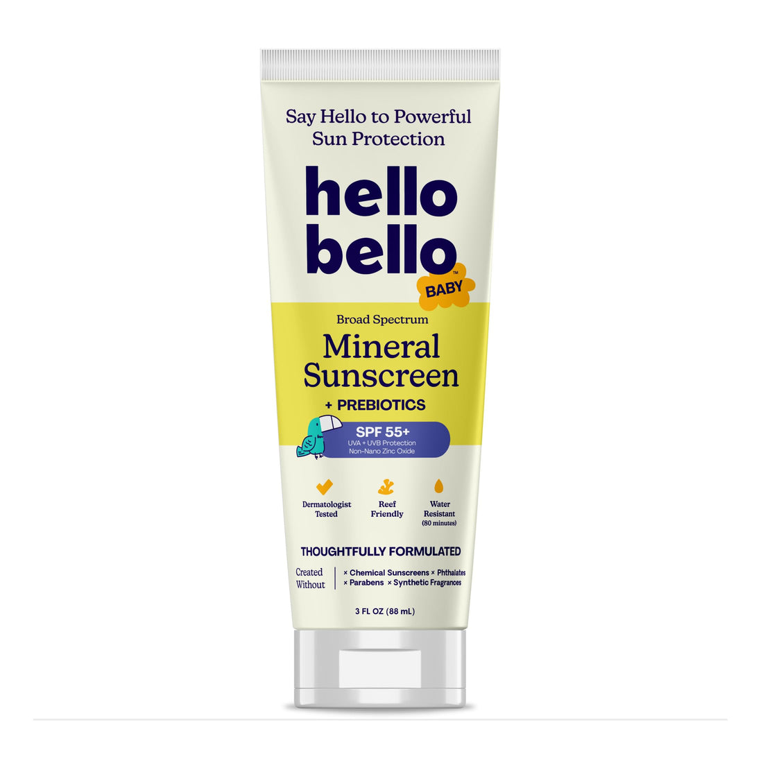 Hello Bello Sunscreen Mineral Lotion with Zinc Oxide - 55 SPF Broad Spectrum UVA/UVB Protection - Water Resistant, Hypoallergenic, Dermatologist & Clinically Tested - 3 Fl Oz (Pack of 1)