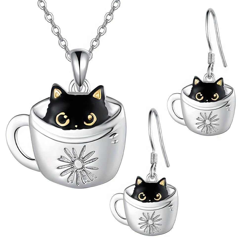 fashion mania 1 Pair Stylish and Delicate Cute Little Black Cat Cup Drop Earrings Gift for Cat Lovers