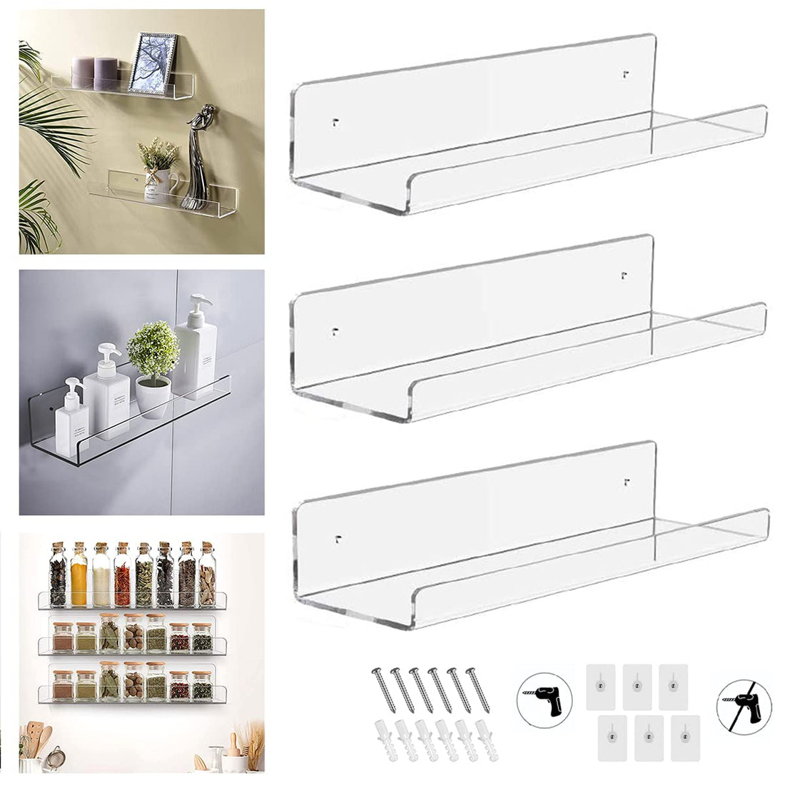 BEST MEDIA 3-Piece Clear Acrylic Floating Wall Shelves Set, 38 x 10.9 x 5.8 cm, Mountable Display Shelf for Bathroom, Kitchen, Toy Storage, Book Organizer, and Living Room