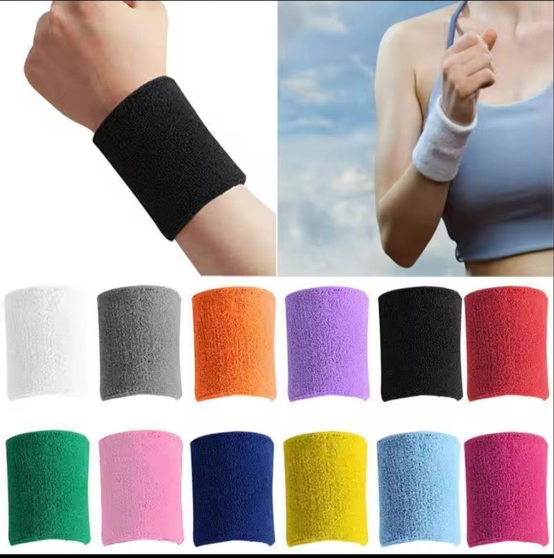QSHOP® Premium Wristbands for Men and Women - Cotton Terry Cloth Sports Wristbands for Basketball, Tennis, Football, Baseball, Running, Gym (1 Pair)