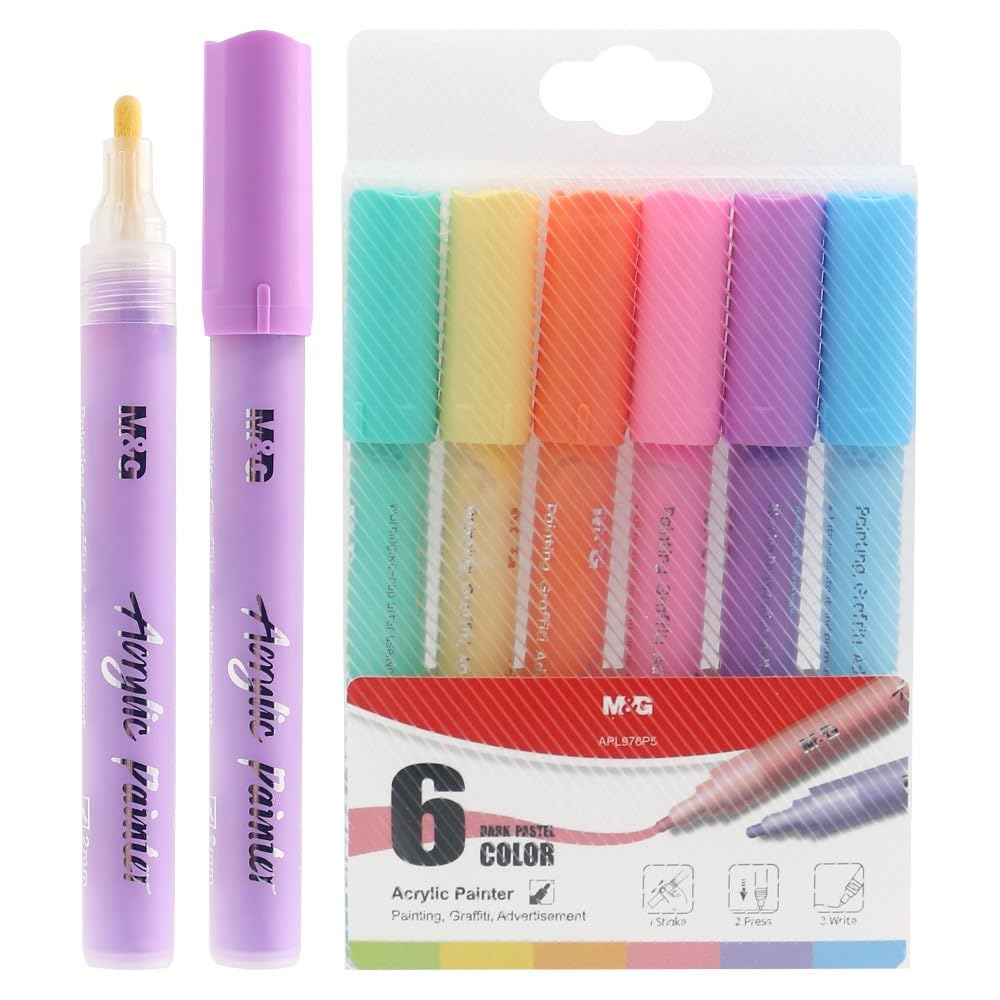 M&G Acrylic Marker Set, 2mm Tip, 6 Pastel Colours, Water-Resistant