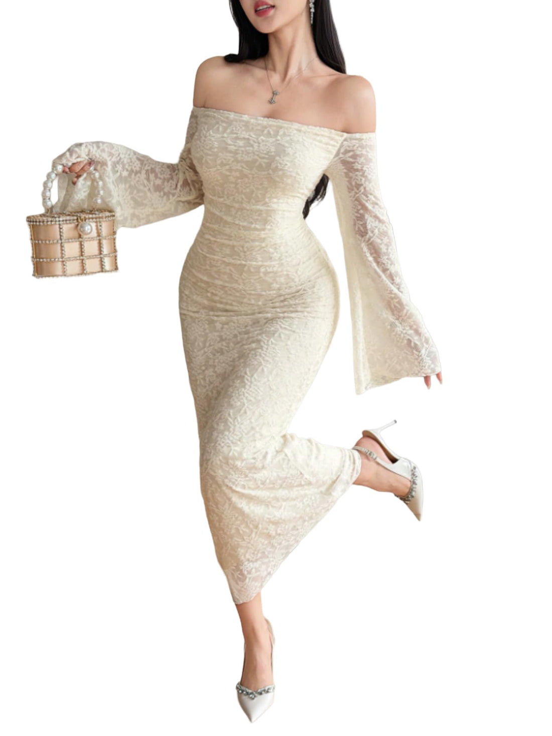SHEIN Women's Elegant Off-Shoulder Long Dress Beige Botanical Print Flare Sleeve Bodycon Cocktail Gown High Split Wedding Guest Attire